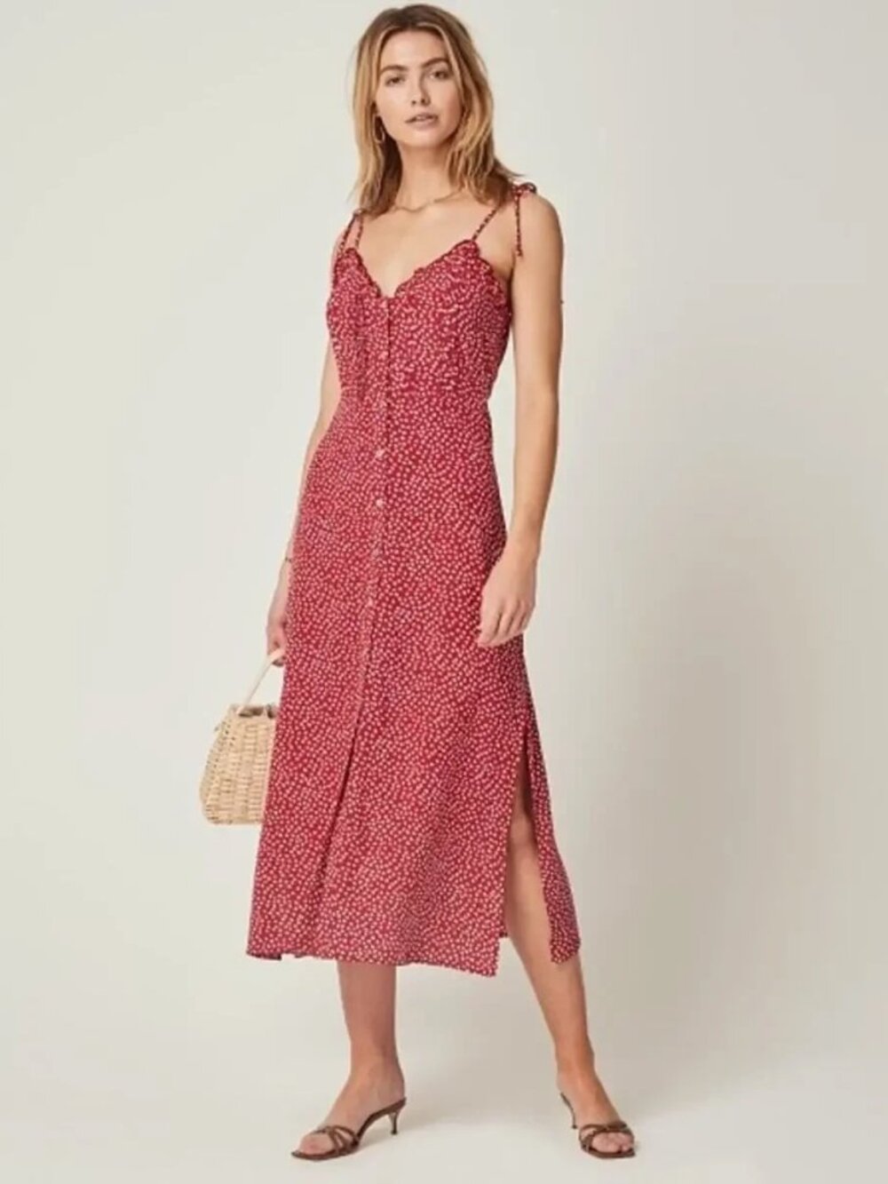 Auguste The Label Red Midi Dress with White Heart Print